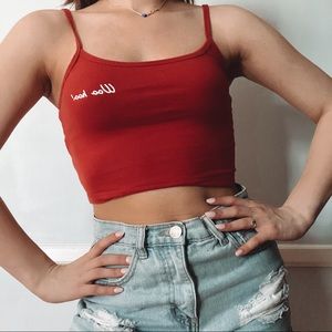 ‘Woohoo!’ Red cropped tank